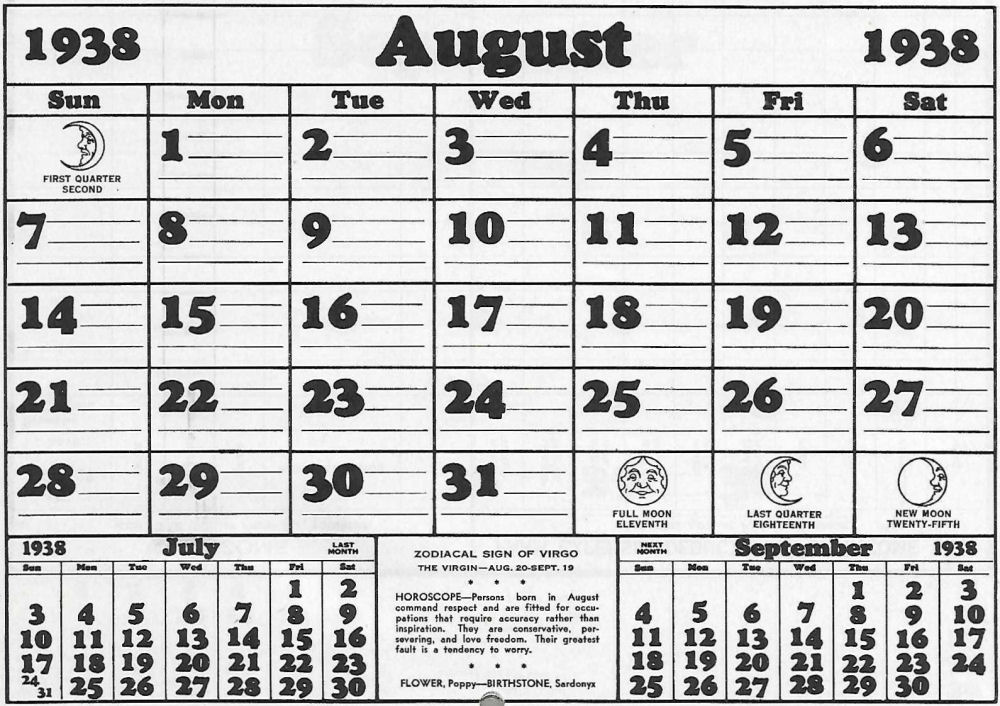 1938 Bakersfield Calendar August